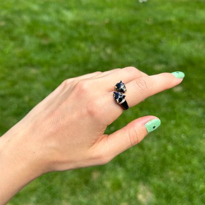 Estate Effy 14KT Yellow Gold Pave Diamond Black Enamel + Emerald Eye Panther Cat Ring