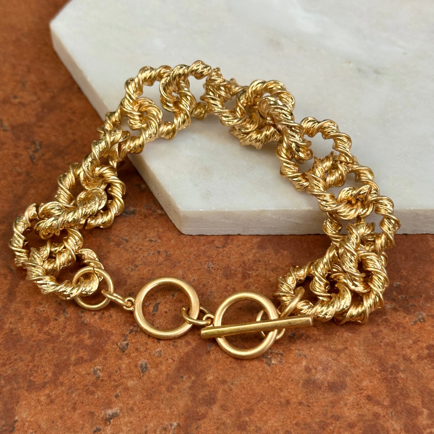 Yellow Gold-Tone Twisted Circle Link Toggle Bracelet 9''