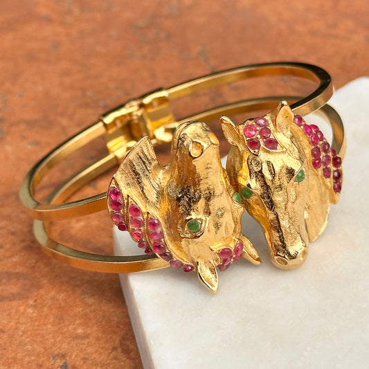 Estate Yellow Gold Tone Horse Head Cuff + Genuine Rubies and Emeralds Bracelet - LSJ