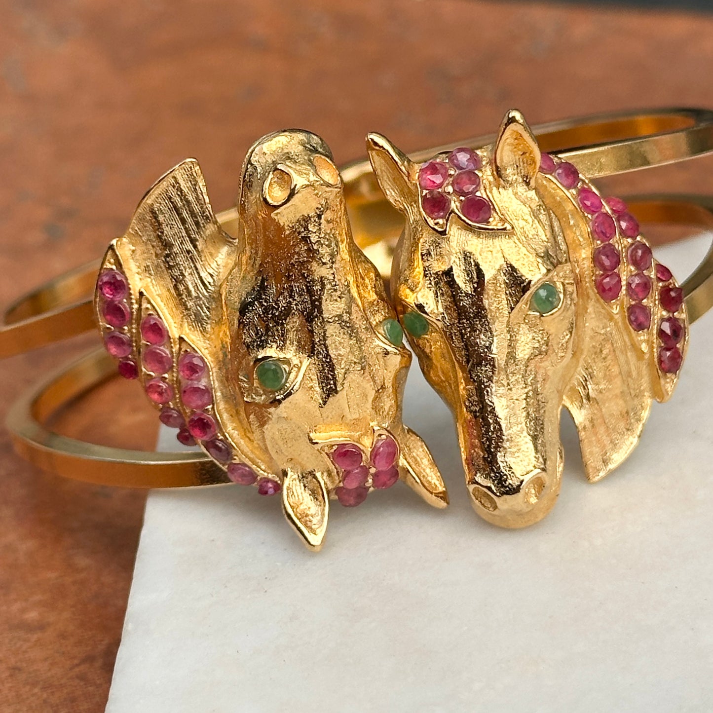 Estate Yellow Gold Tone Horse Head Cuff + Genuine Rubies and Emeralds Bracelet - LSJ