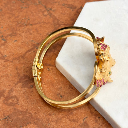 Estate Yellow Gold Tone Horse Head Cuff + Genuine Rubies and Emeralds Bracelet - LSJ