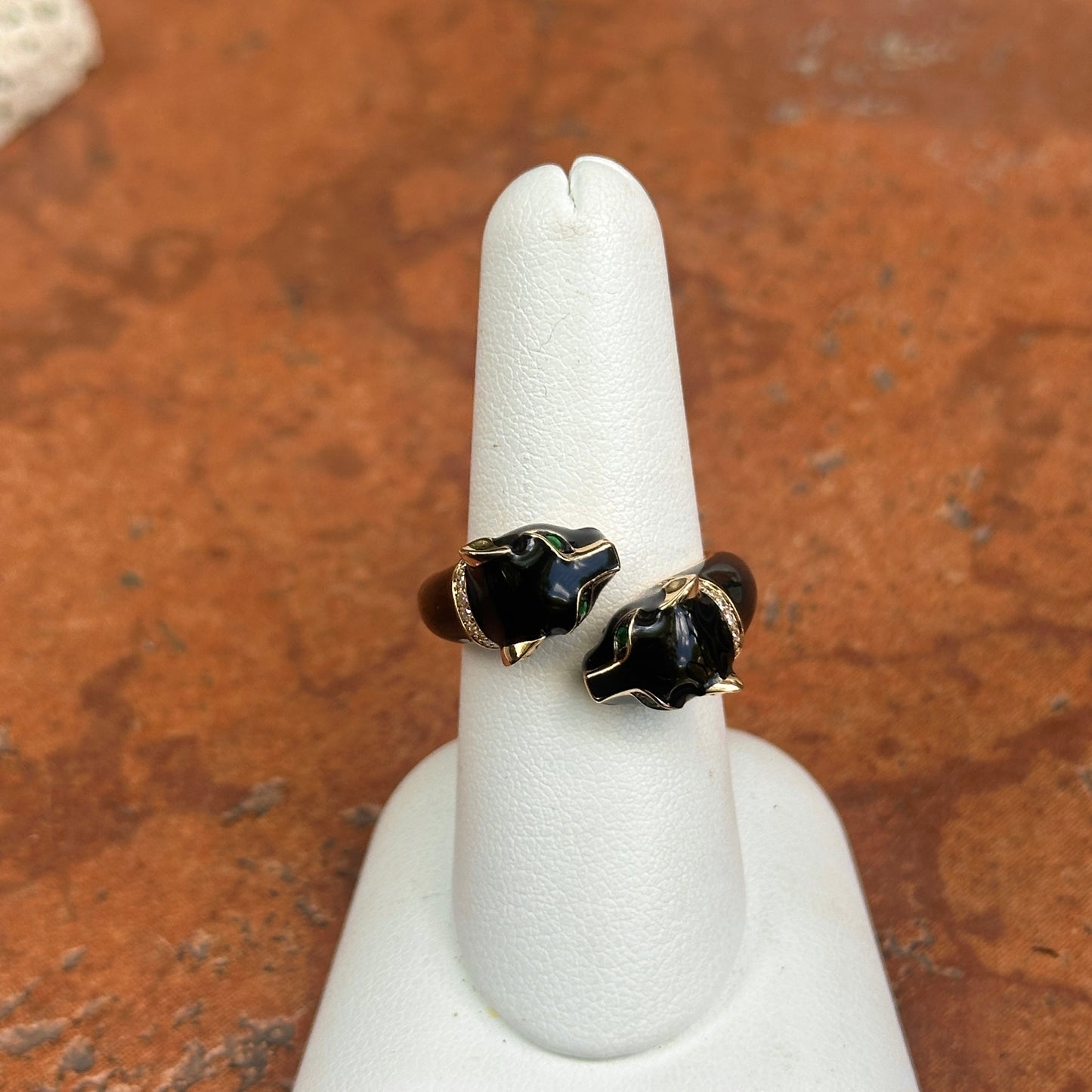 Estate Effy 14KT Yellow Gold Pave Diamond Black Enamel + Emerald Eye Panther Cat Ring