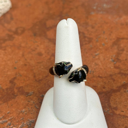 Estate Effy 14KT Yellow Gold Pave Diamond Black Enamel + Emerald Eye Panther Cat Ring