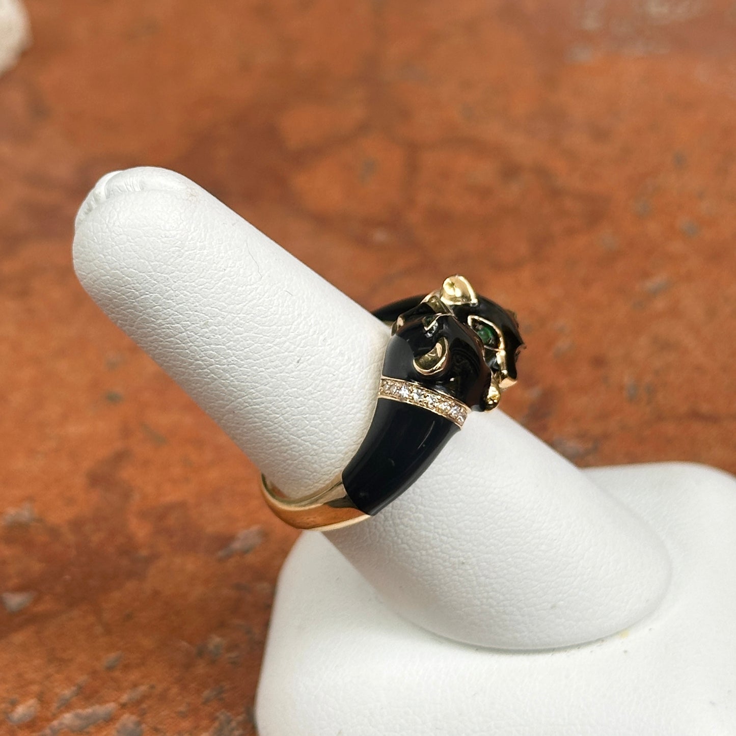 Estate Effy 14KT Yellow Gold Pave Diamond Black Enamel + Emerald Eye Panther Cat Ring