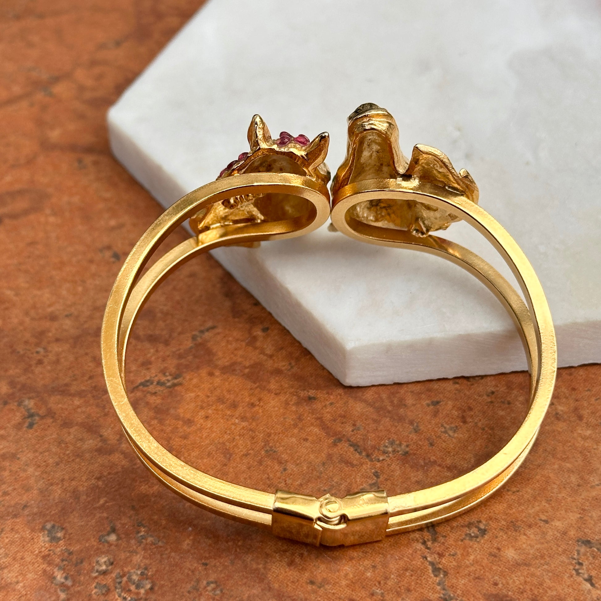 Estate Yellow Gold Tone Horse Head Cuff + Genuine Rubies and Emeralds Bracelet - LSJ