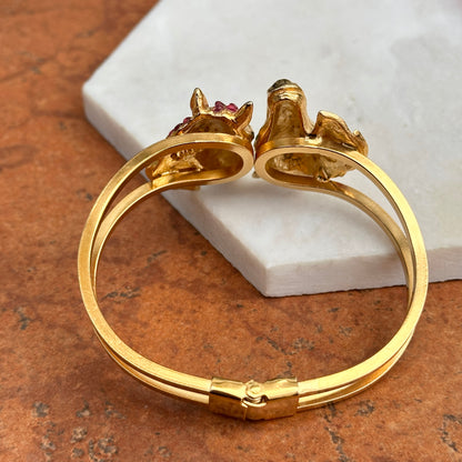 Estate Yellow Gold Tone Horse Head Cuff + Genuine Rubies and Emeralds Bracelet - LSJ