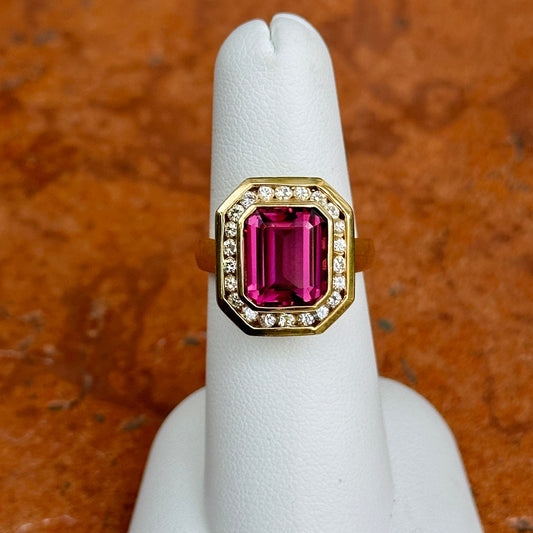 Estate 18KT Yellow Gold Bezel Raspberry Garnet + Diamond Halo Ring