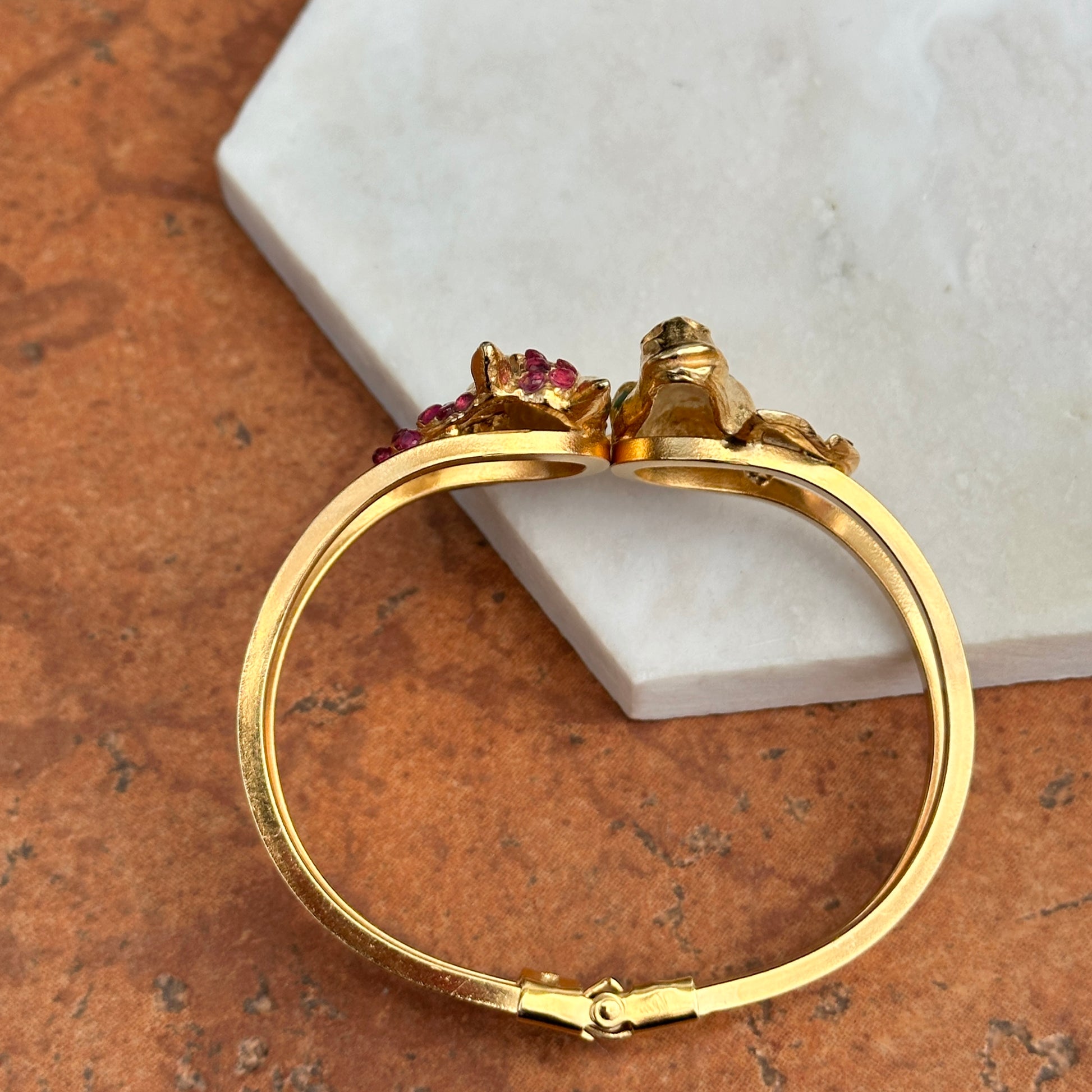 Estate Yellow Gold Tone Horse Head Cuff + Genuine Rubies and Emeralds Bracelet - LSJ