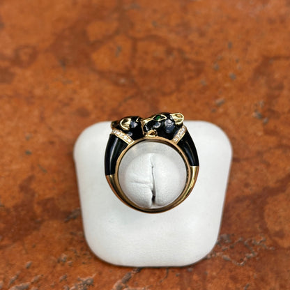 Estate Effy 14KT Yellow Gold Pave Diamond Black Enamel + Emerald Eye Panther Cat Ring
