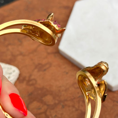 Estate Yellow Gold Tone Horse Head Cuff + Genuine Rubies and Emeralds Bracelet - LSJ