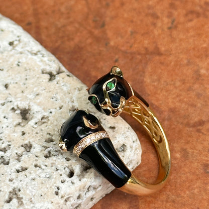 Estate Effy 14KT Yellow Gold Pave Diamond Black Enamel + Emerald Eye Panther Cat Ring