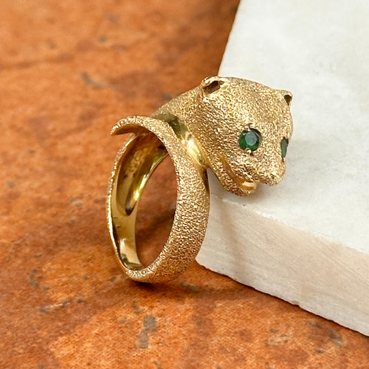 Estate 14KT Yellow Gold Sandblasted Panther Emerald Ring