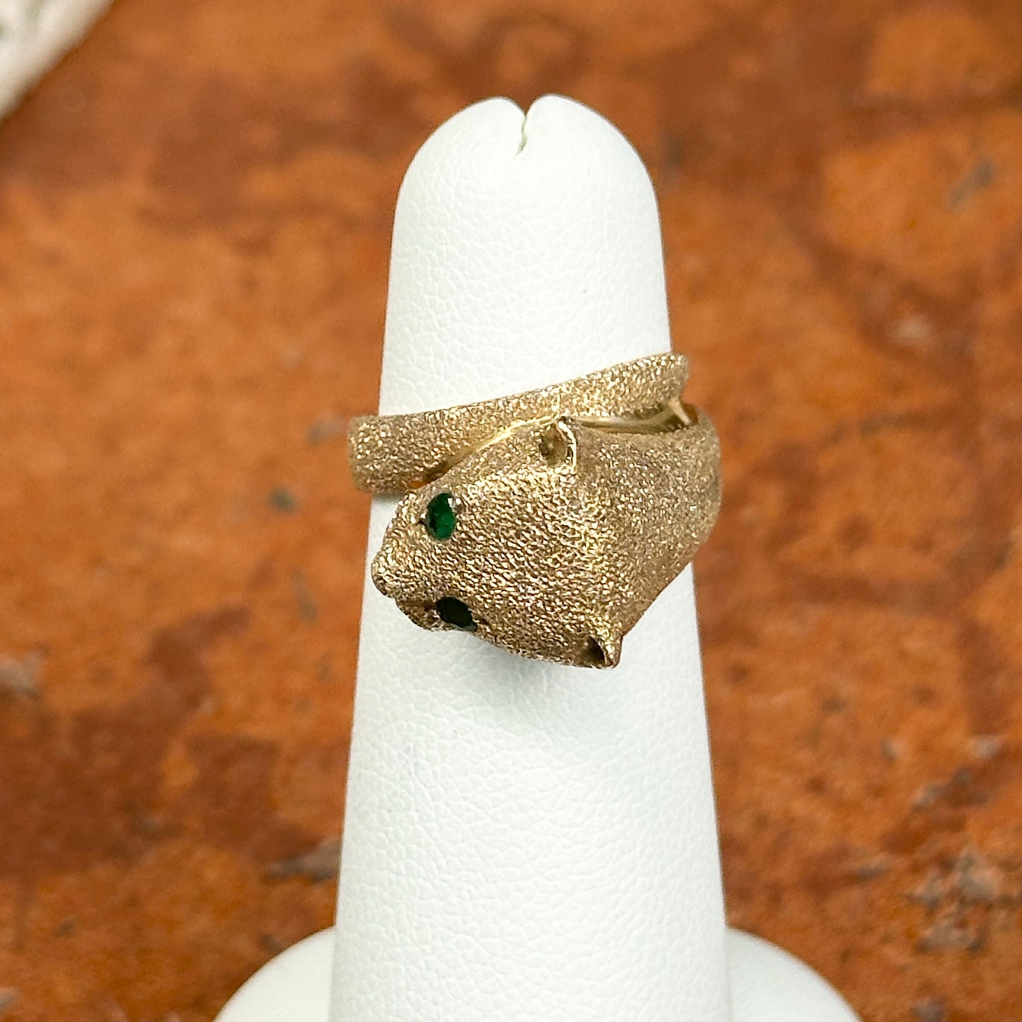 Estate 14KT Yellow Gold Sandblasted Panther Emerald Ring