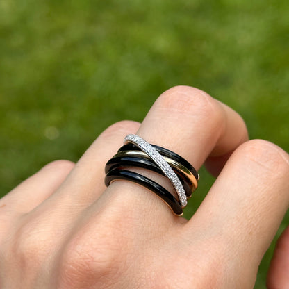 Estate Effy 14KT Yellow + Pave Diamond Black Onyx Multi Band Ring