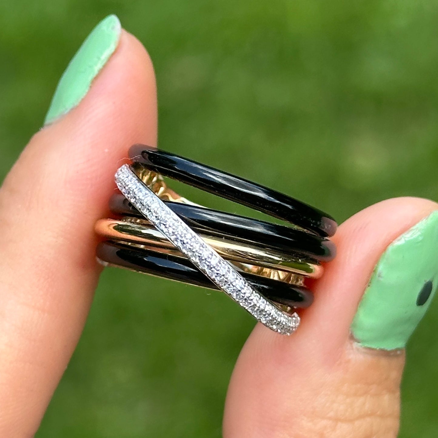 Estate Effy 14KT Yellow + Pave Diamond Black Onyx Multi Band Ring