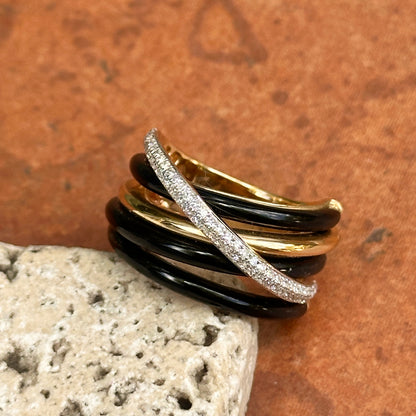 Estate Effy 14KT Yellow + Pave Diamond Black Onyx Multi Band Ring
