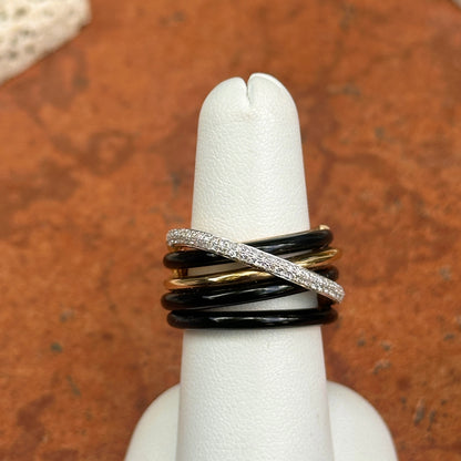 Estate Effy 14KT Yellow + Pave Diamond Black Onyx Multi Band Ring