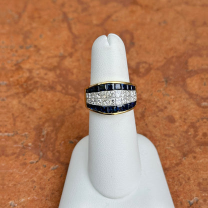 Estate Ambar 18KT Yellow Gold Princess-Cut Diamond + Blue Sapphire Band Ring