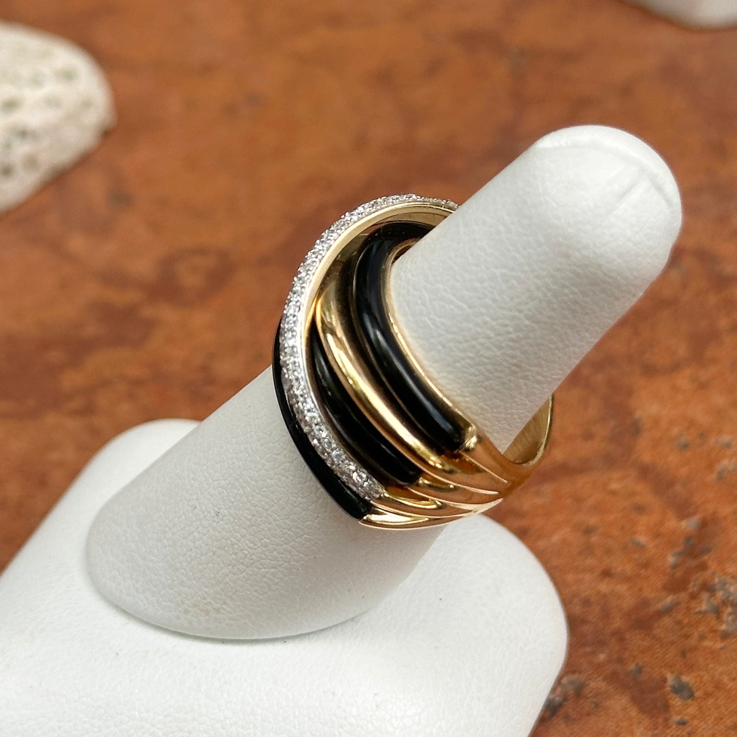 Estate Effy 14KT Yellow + Pave Diamond Black Onyx Multi Band Ring