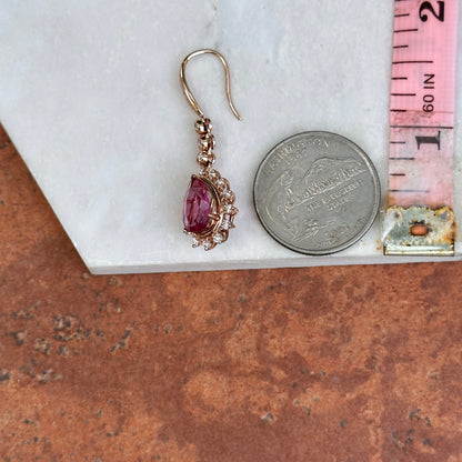 14KT Rose Gold Pear Pink Tourmaline + Diamond Halo Dangle Earrings