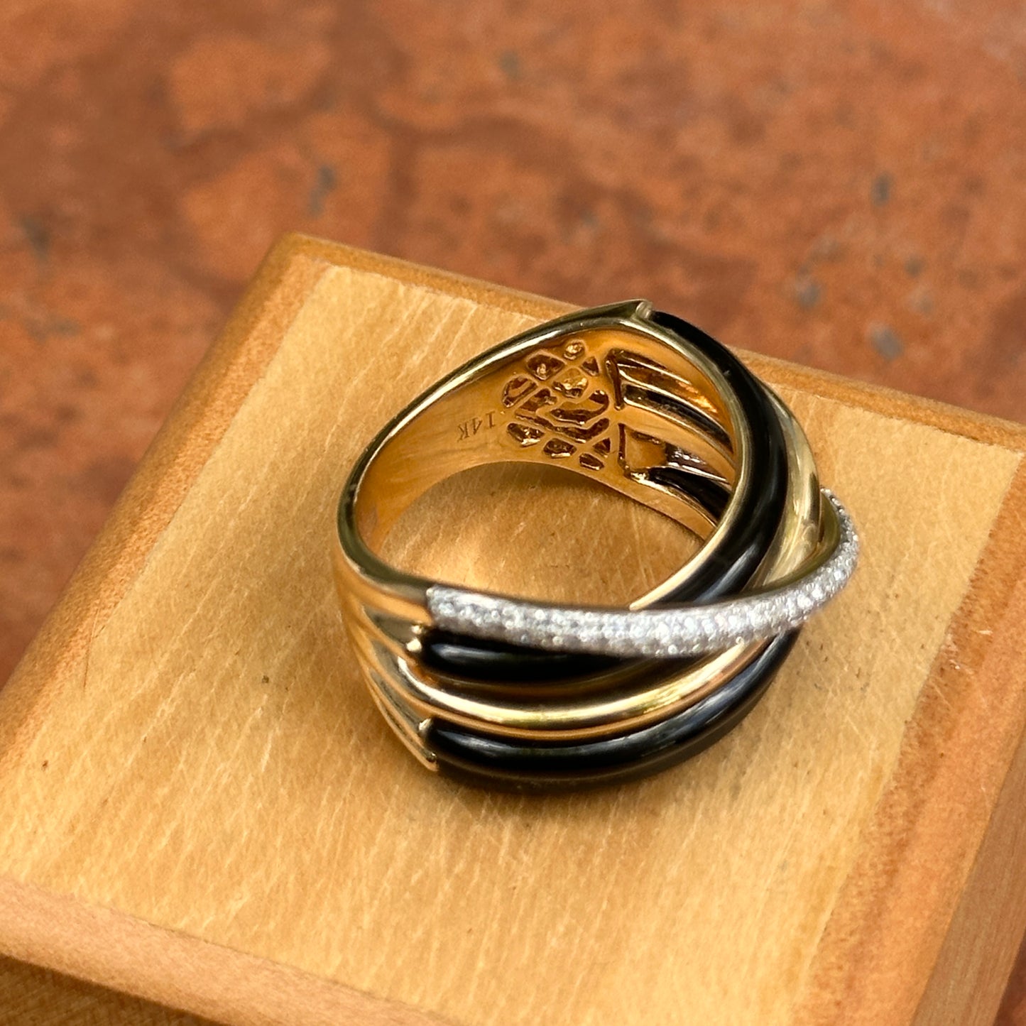 Estate Effy 14KT Yellow + Pave Diamond Black Onyx Multi Band Ring