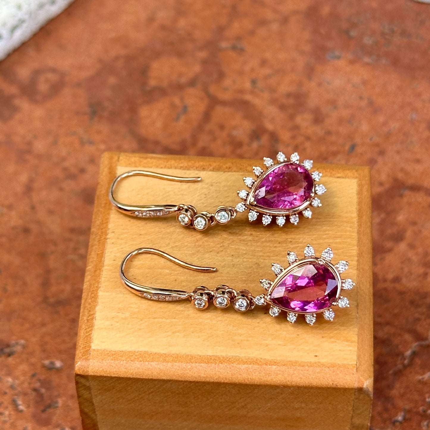 14KT Rose Gold Pear Pink Tourmaline + Diamond Halo Dangle Earrings