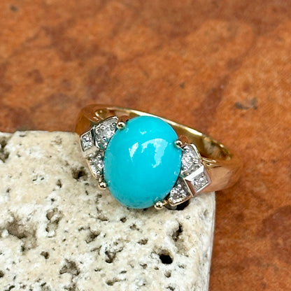 Estate 14KT Yellow Gold Oval Turquoise + Diamond Accent Ring