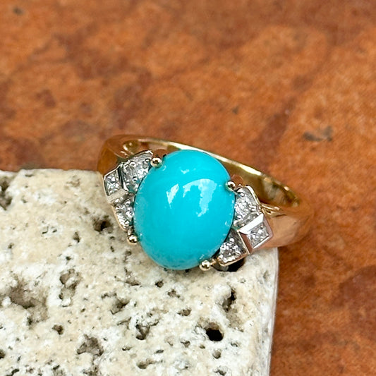 Estate 14KT Yellow Gold Oval Turquoise + Diamond Accent Ring