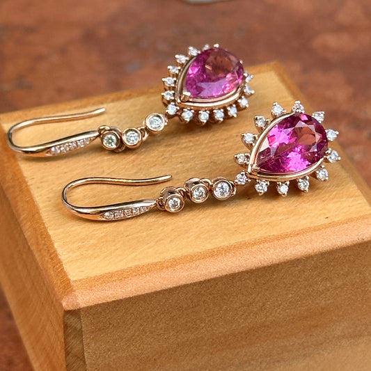 14KT Rose Gold Pear Pink Tourmaline + Diamond Halo Dangle Earrings