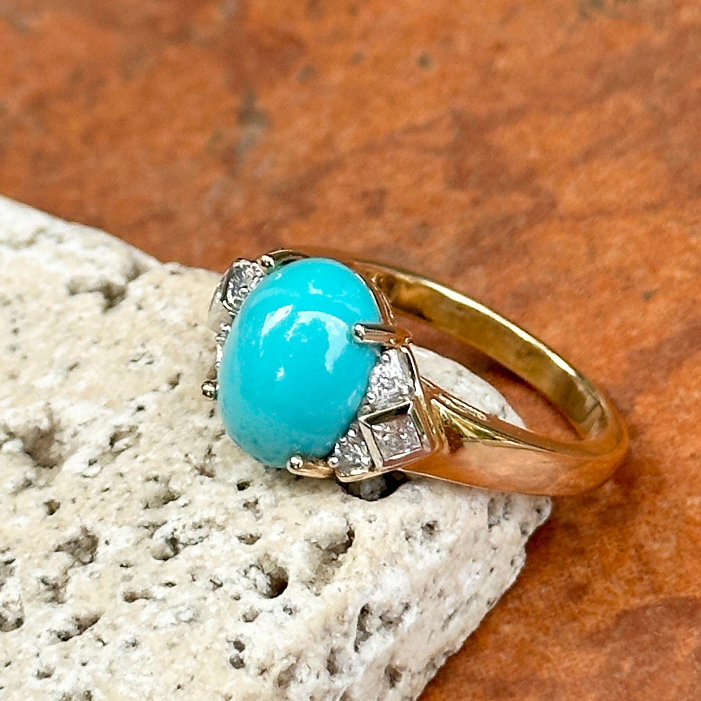 Estate 14KT Yellow Gold Oval Turquoise + Diamond Accent Ring