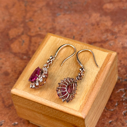 14KT Rose Gold Pear Pink Tourmaline + Diamond Halo Dangle Earrings