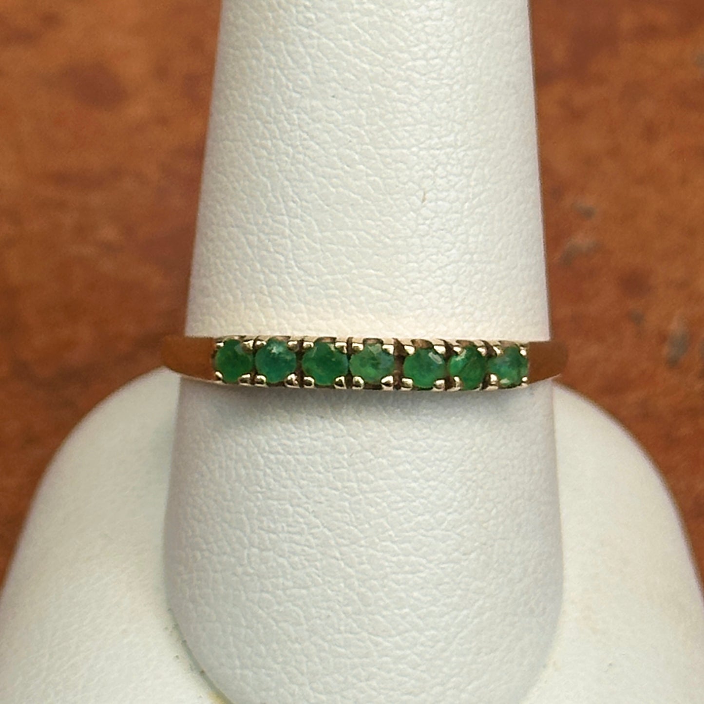 Estate 14K Yellow Gold Round Emeralds Thin Band Ring