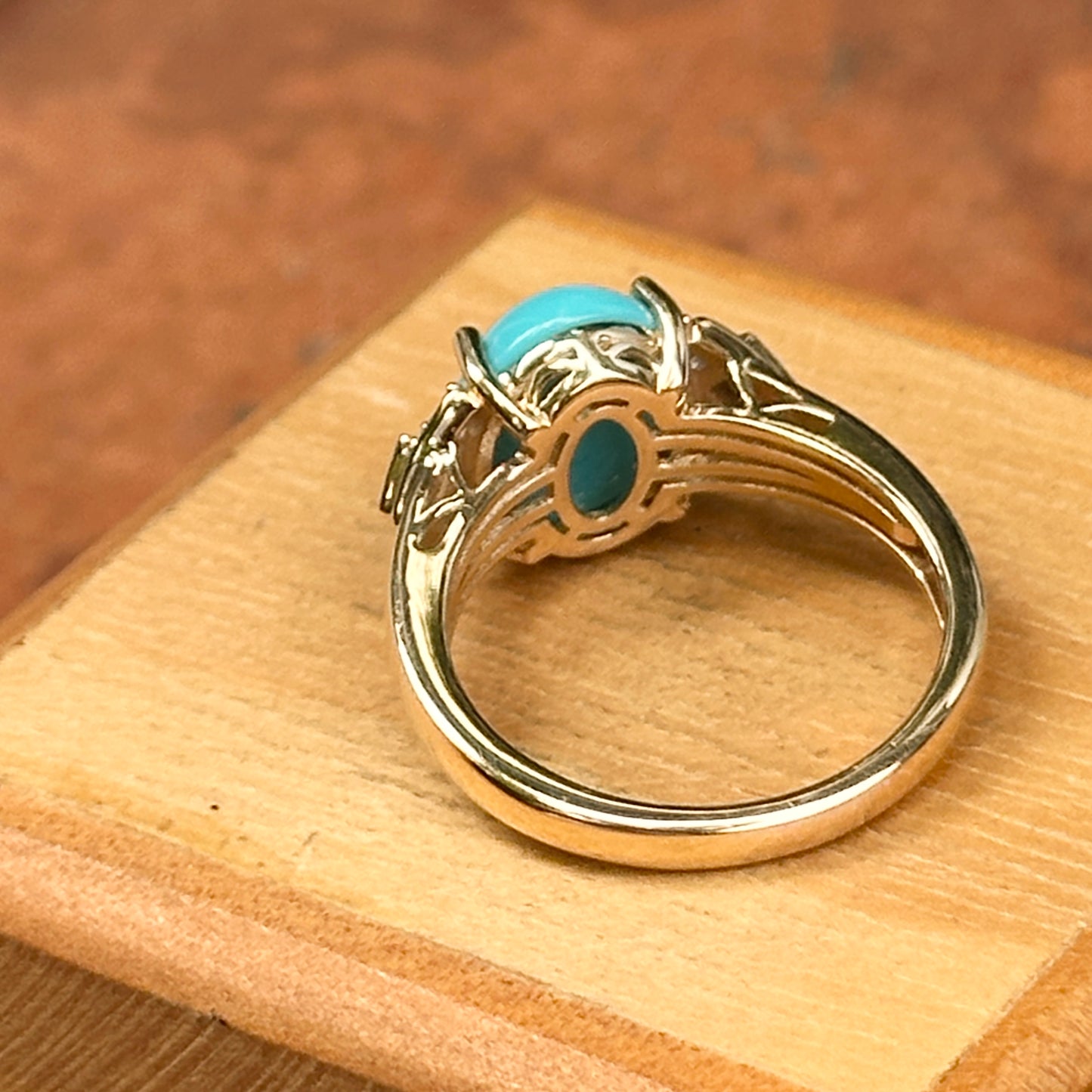 Estate 14KT Yellow Gold Oval Turquoise + Diamond Accent Ring