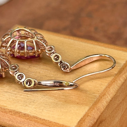 14KT Rose Gold Pear Pink Tourmaline + Diamond Halo Dangle Earrings