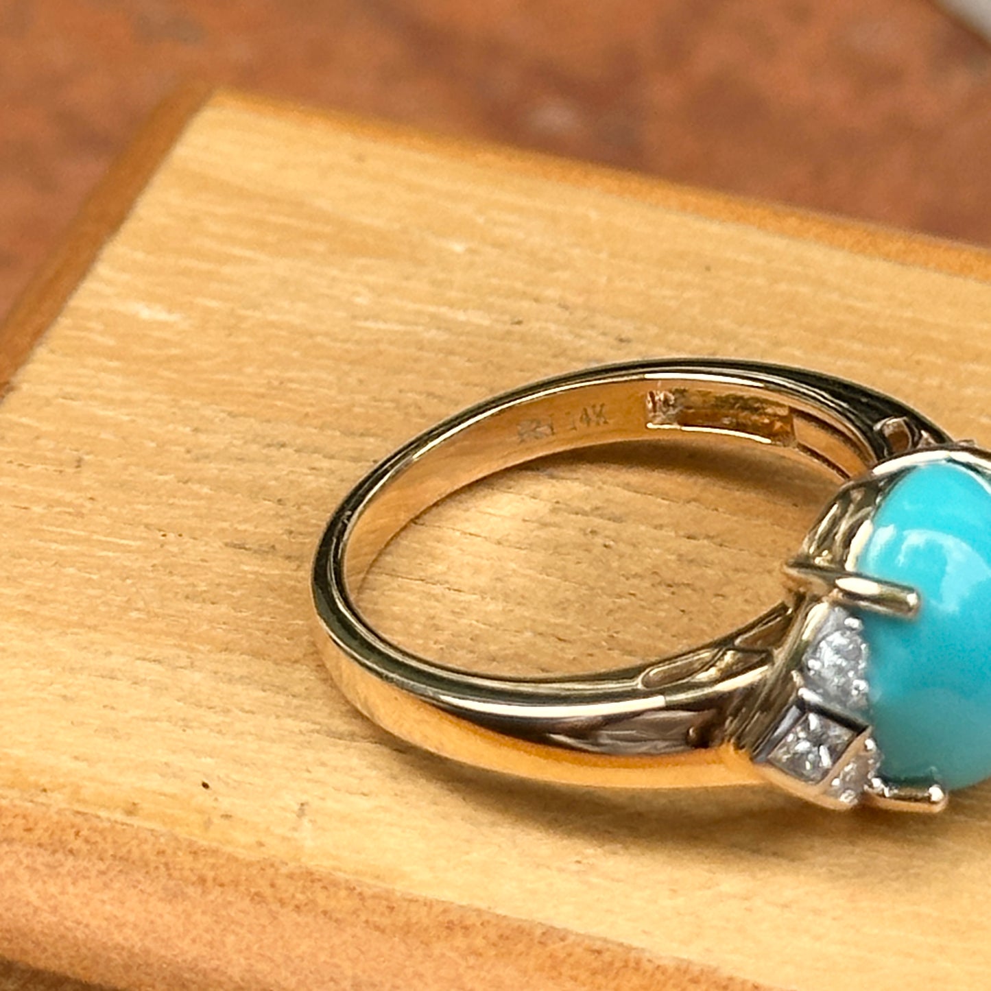 Estate 14KT Yellow Gold Oval Turquoise + Diamond Accent Ring