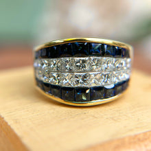 Load image into Gallery viewer, Estate Ambar 18KT Yellow Gold Princess-Cut Diamond + Blue Sapphire Band Ring