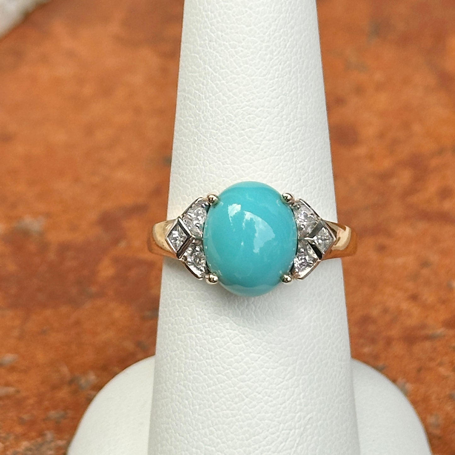 Estate 14KT Yellow Gold Oval Turquoise + Diamond Accent Ring