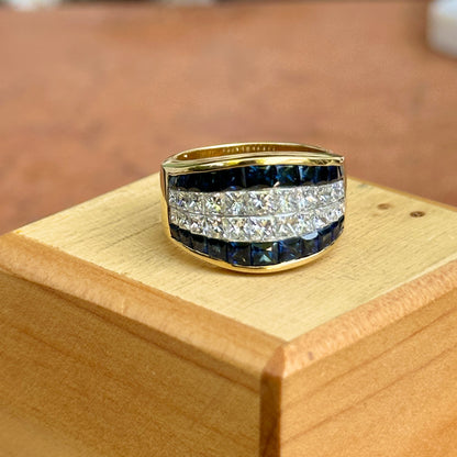 Estate Ambar 18KT Yellow Gold Princess-Cut Diamond + Blue Sapphire Band Ring