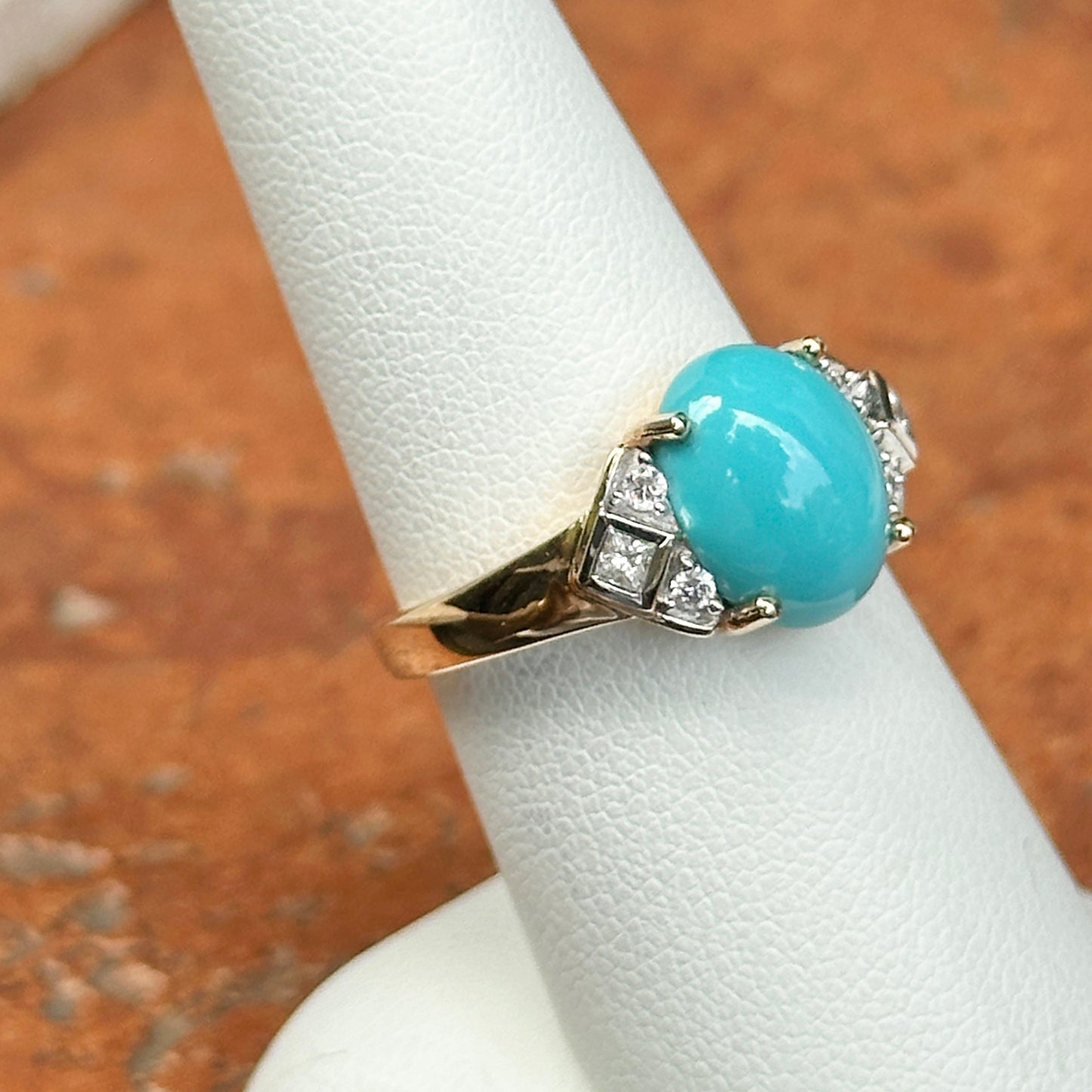 Estate 14KT Yellow Gold Oval Turquoise + Diamond Accent Ring