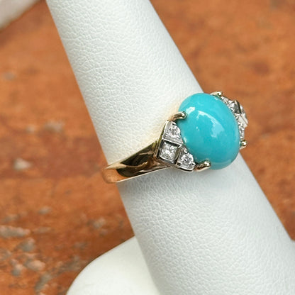 Estate 14KT Yellow Gold Oval Turquoise + Diamond Accent Ring
