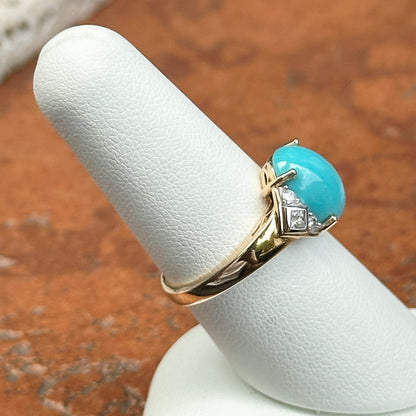 Estate 14KT Yellow Gold Oval Turquoise + Diamond Accent Ring
