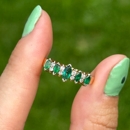 Estate 14KT Yellow Gold Marquise Emerald + Round Diamond Ring