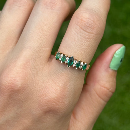 Estate 14KT Yellow Gold Marquise Emerald + Round Diamond Ring