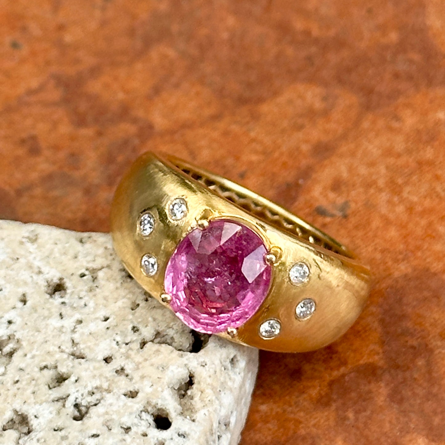 Estate 14KT Yellow Gold Oval Pink Sapphire + Diamond Dome Ring