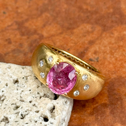 Estate 14KT Yellow Gold Oval Pink Sapphire + Diamond Dome Ring