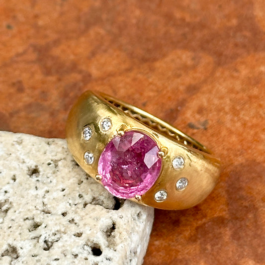 Estate 14KT Yellow Gold Oval Pink Sapphire + Diamond Dome Ring