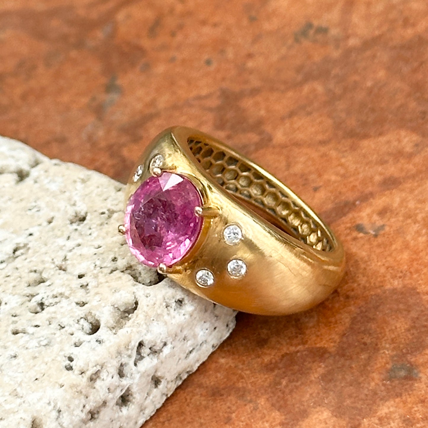 Estate 14KT Yellow Gold Oval Pink Sapphire + Diamond Dome Ring