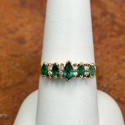 Estate 14KT Yellow Gold Marquise Emerald + Round Diamond Ring