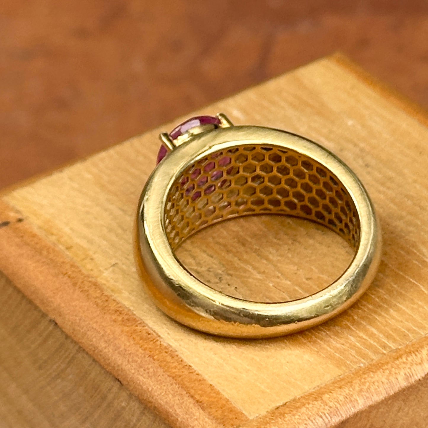 Estate 14KT Yellow Gold Oval Pink Sapphire + Diamond Dome Ring