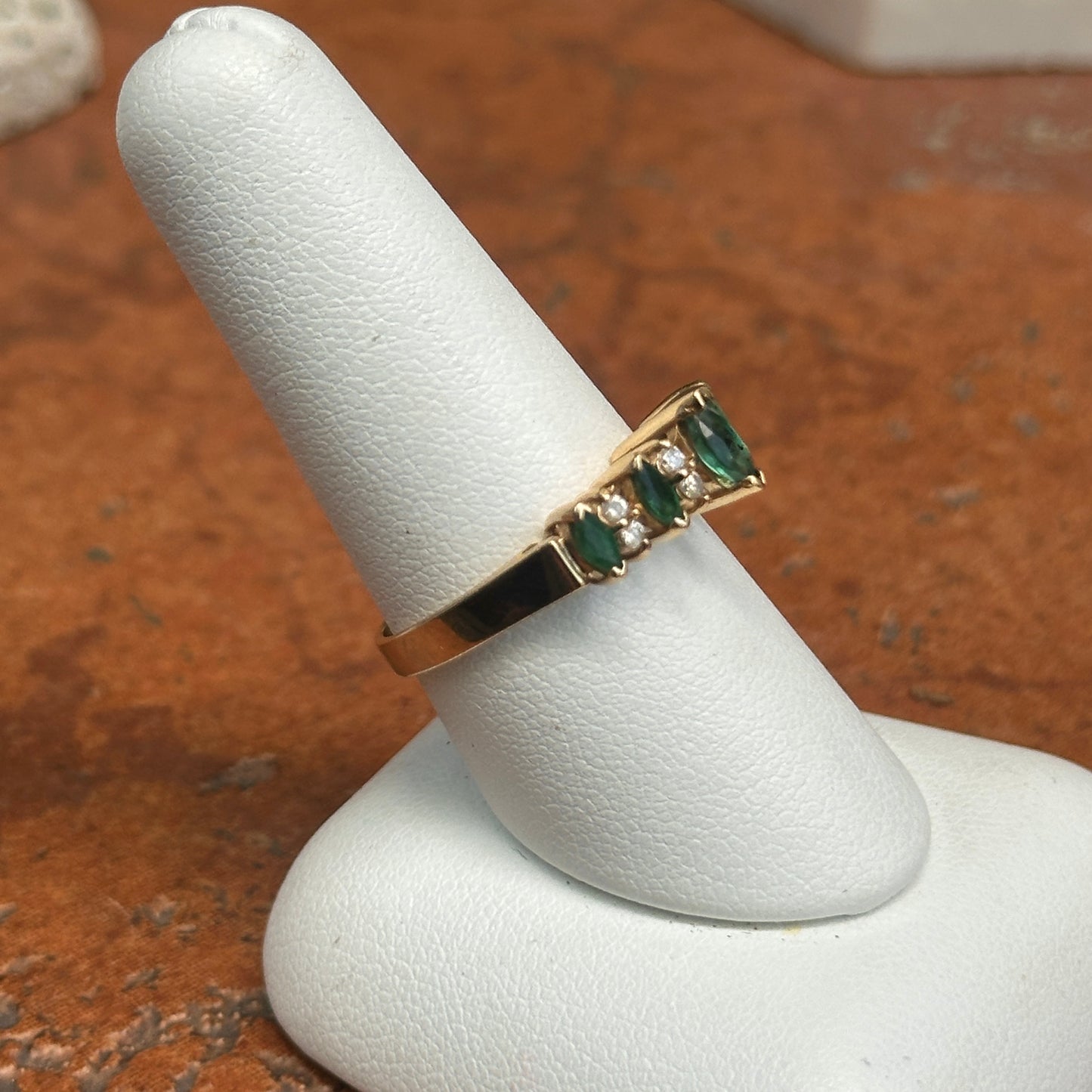 Estate 14KT Yellow Gold Marquise Emerald + Round Diamond Ring